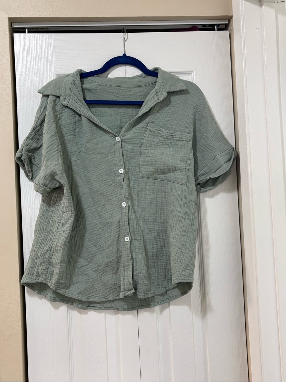 4/$20 Light Sage Button-Down Gauze Shirt